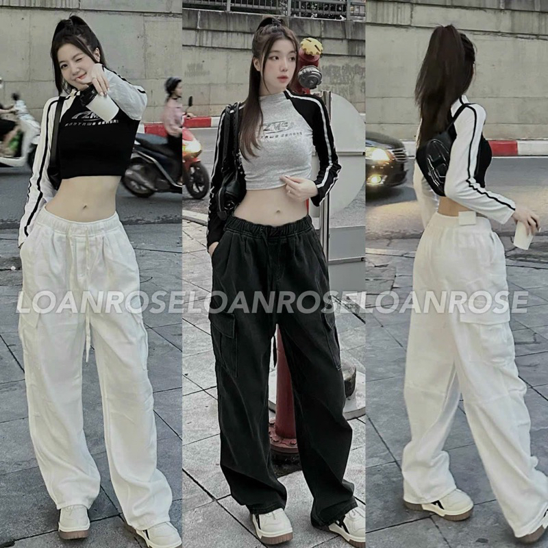 Set Áo Cổ Lọ Tăm Tay Dài Viền ZMS Croptop + Quần Ống Xuông Kaki Túi Hộp