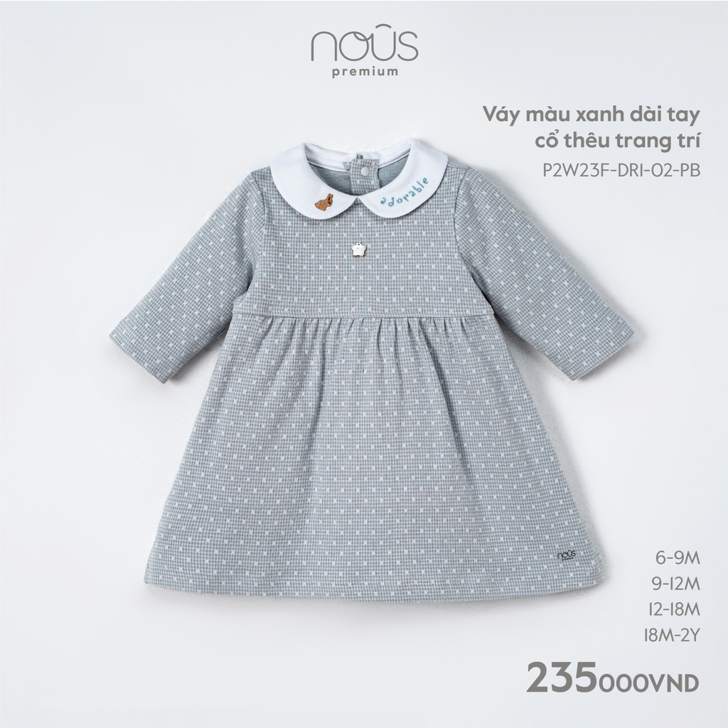 NOUS - Váy màu xanh dài tay cổ thêu trang trí - Nu Pre - 6M 9M 12M 18M - SS23.9
