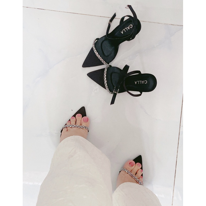 Sandal mũi nhọn dây đá satin cao cấp