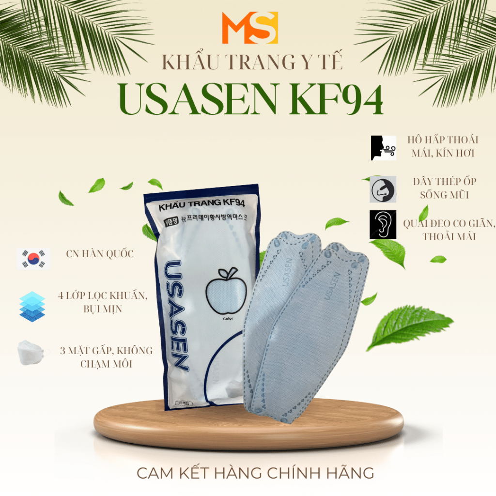 Gói 10 khẩu trang kháng khuẩn chống bụi mịn USASEN KF94, khẩu trang y tế 4 lớp, khẩu trang 4D thời trang.