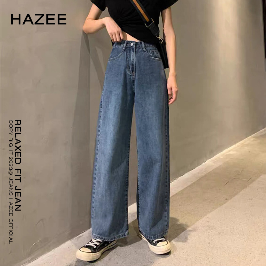 Quần jean nữ HAZEE cạp cao 1 cúc, quần bò ống rộng nữ màu Xanh hàng cao cấp 2023- Denim co giãn