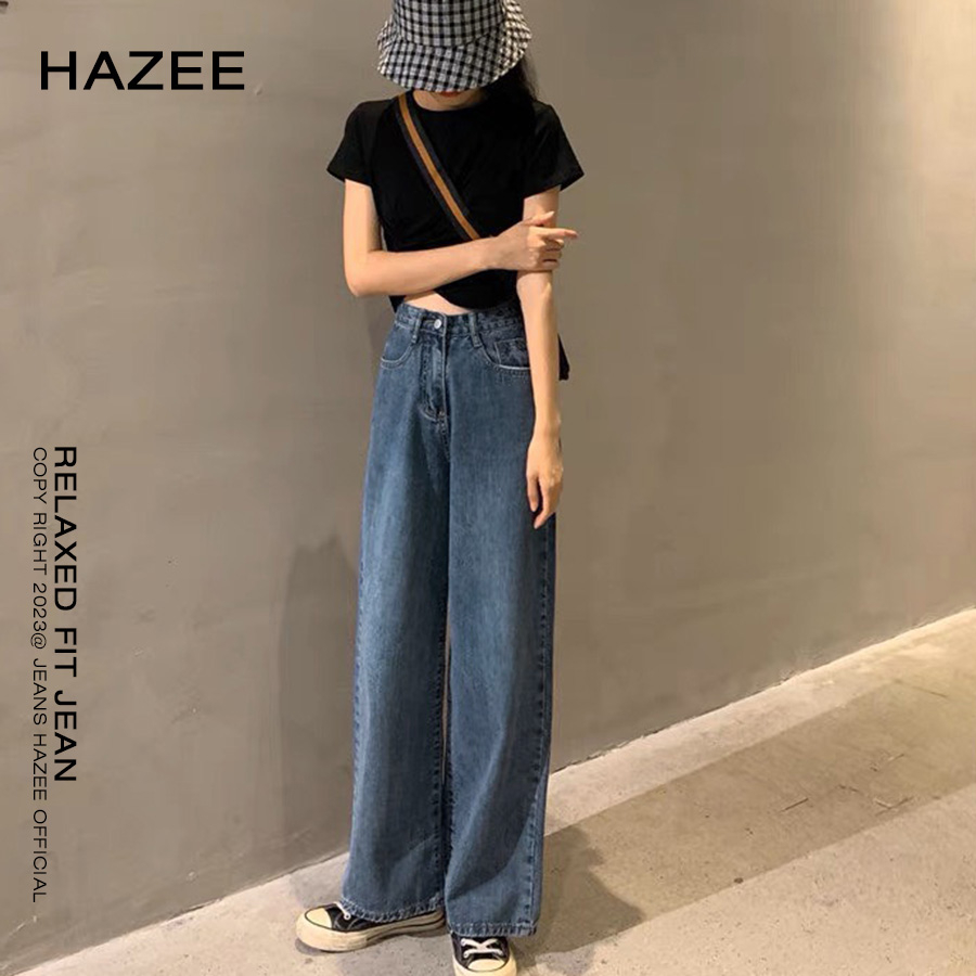 Quần jean nữ HAZEE cạp cao 1 cúc, quần bò ống rộng nữ màu Xanh hàng cao cấp 2023- Denim co giãn