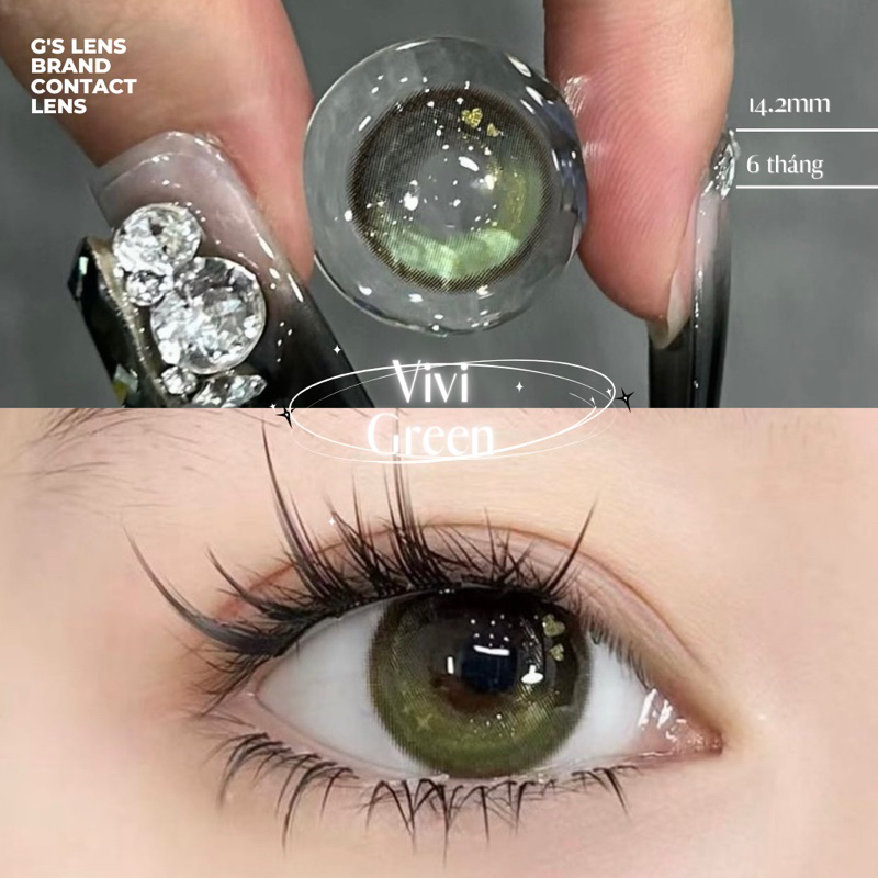 Lens Mắt Kính Áp Tròng Xanh Rêu Sáng Tây VIVI GREEN Giãn Ít Có Từ 0 Đến 6 Độ Lệch Độ Size S 14.2mm - GSLENS