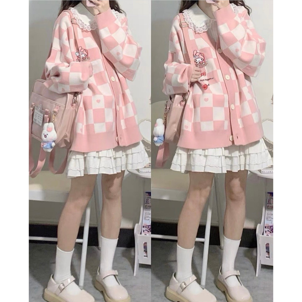 Áo khoác cardigan kẻ caro thêu hoạt hình form rộng phong cách nữ sinh Hàn Quốc cực dễ thương xinh xắn