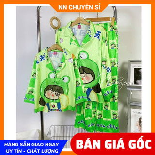 Đồ bộ lụa xước cao cấp cho bé size đến 75kg chất lụa mềm mát in hình ếch hoạt hình dễ thương Lụa xước ánh kim PRBTDQDLX