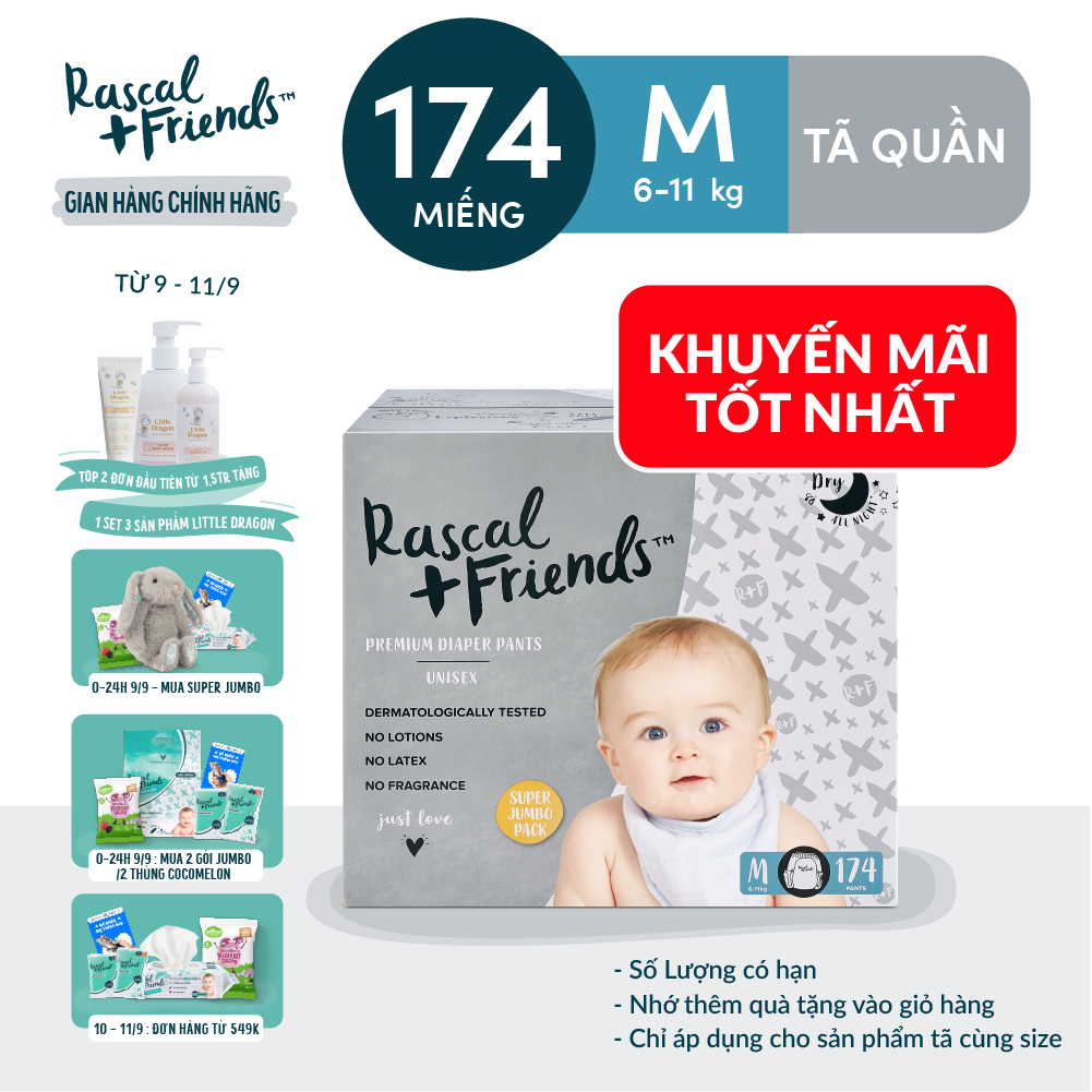 Thùng Tã/Bỉm Quần Rascal + Friends Size M (6-11kg) 174 miếng