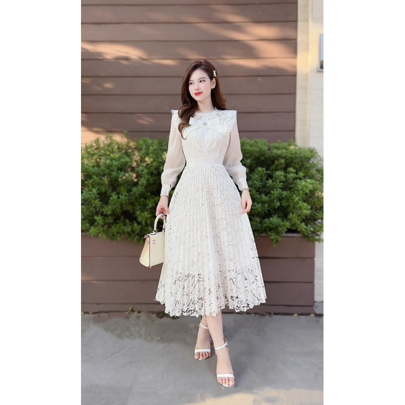 Váy ren dập ly xòe nơ