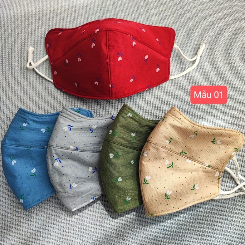Khẩu trang tai thỏ có kẽm mũi họa tiết bông nhí, có dây rút, nhiều màu