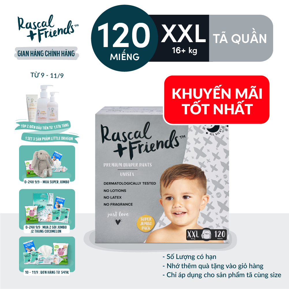 Thùng Tã/Bỉm Quần Rascal + Friends Size XXL (trên 16kg) 120 miếng