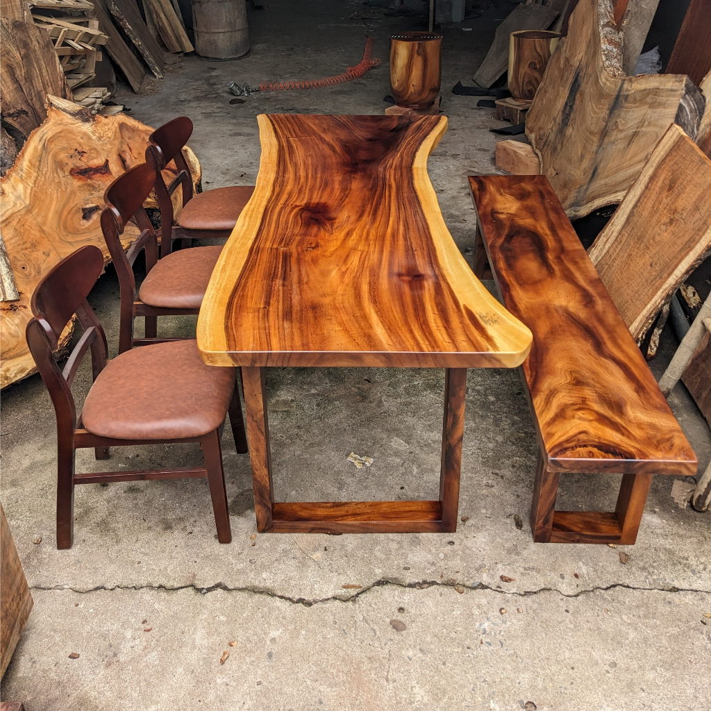 Bộ Bàn Ghế Gỗ Me Tây Nguyên Tấm Dài 2m