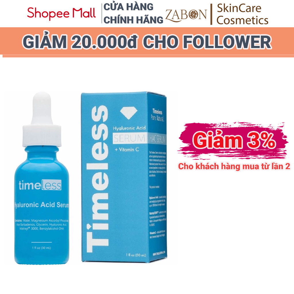 TimelessSerum Timeless HA + Vitamin C Cấp Ẩm, Làm Sáng Da 30ml