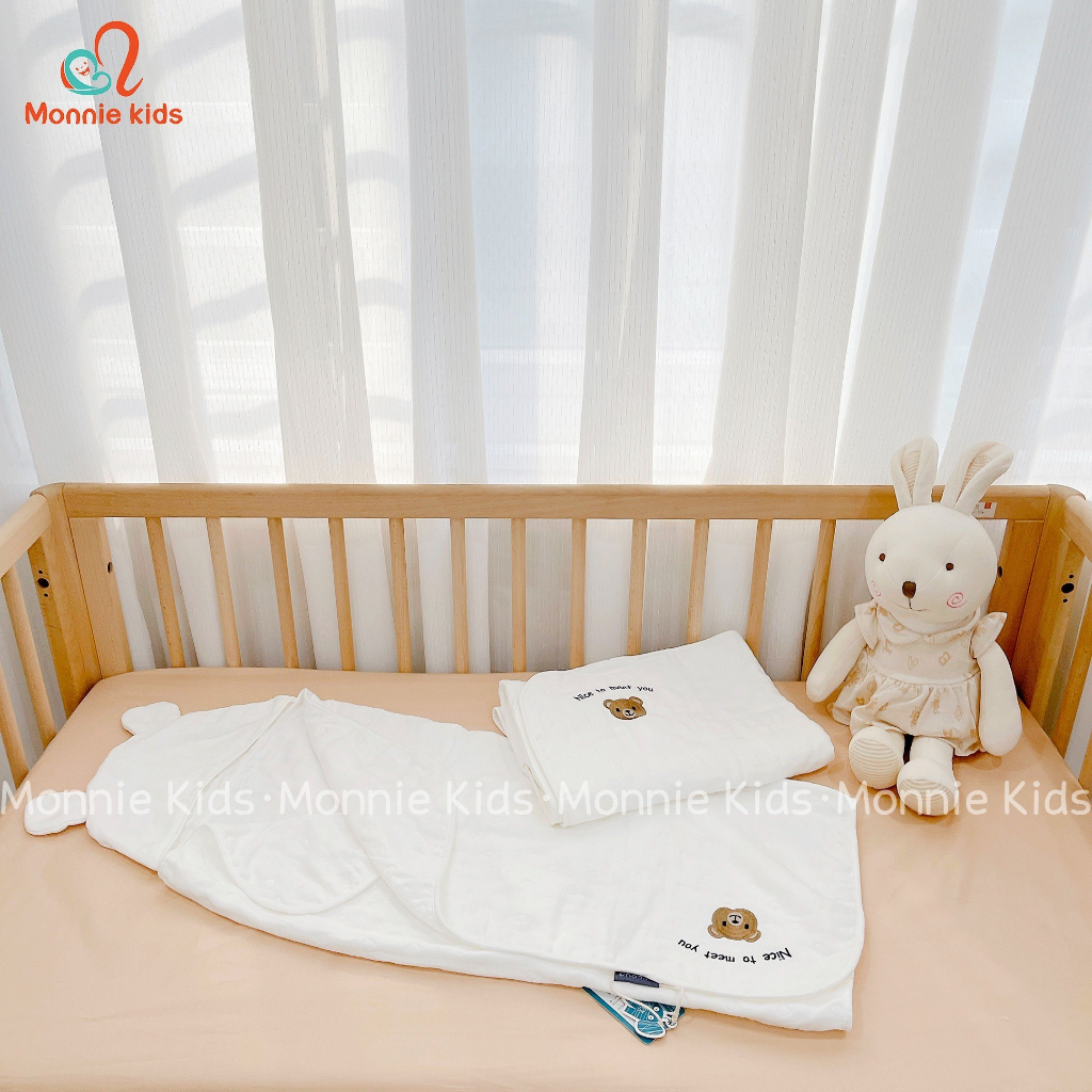 Ủ choàng tai gấu VEEOU cho bé 70x100cm, chăn ủ chất liệu 100% cotton mềm mại cho trẻ 0M+