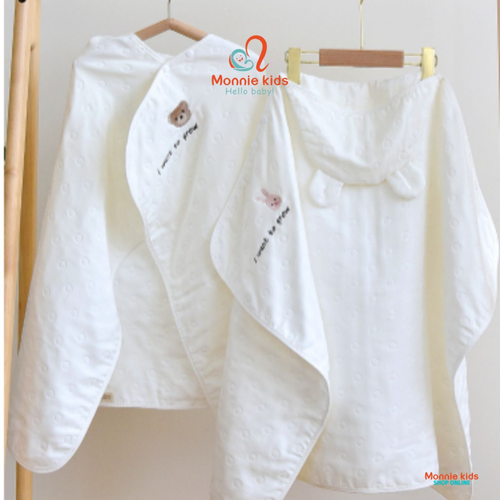 Ủ choàng tai gấu VEEOU cho bé 70x100cm, chăn ủ chất liệu 100% cotton mềm mại cho trẻ 0M+