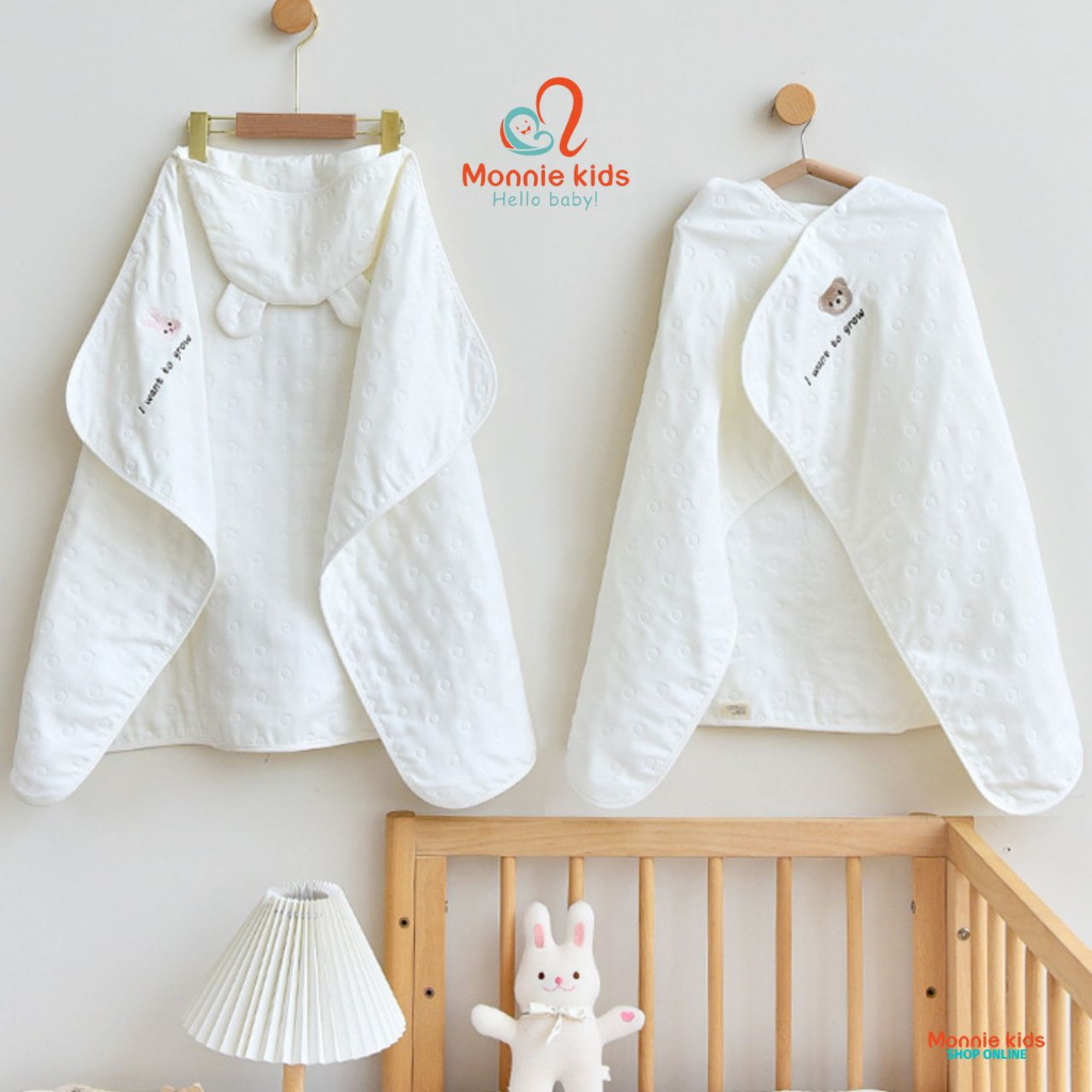 Ủ choàng tai gấu VEEOU cho bé 70x100cm, chăn ủ chất liệu 100% cotton mềm mại cho trẻ 0M+