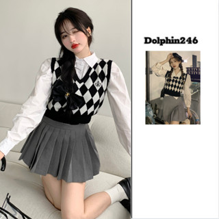  Áo gile len cho nữ áo ghi lê không tay cổ V dáng ngắn croptop phong cách nữ sinh họa tiết trám ô caro nổi bật M1 C2-26 