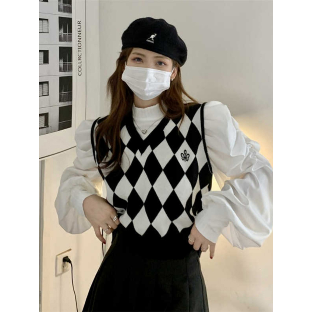 Áo gile len cho nữ áo ghi lê không tay cổ V dáng ngắn croptop phong cách nữ sinh họa tiết trám ô caro nổi bật M1 C2-26