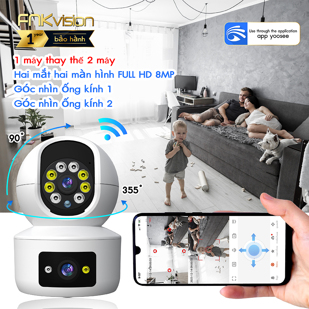 Camera hai mắt FNKvision U19 8.0mp Yoosee, camera wifi 360 độ, xem đêm có màu, bảo hành 12 tháng