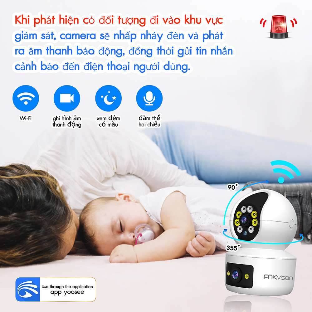 Camera hai mắt FNKvision U19 8.0mp Yoosee, camera wifi 360 độ, xem đêm có màu, bảo hành 12 tháng