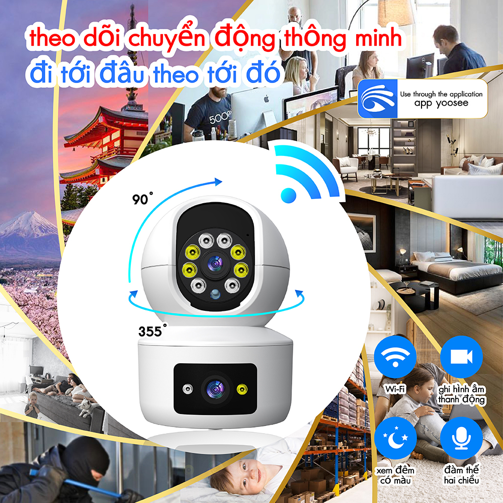 Camera hai mắt FNKvision U19 8.0mp Yoosee, camera wifi 360 độ, xem đêm có màu, bảo hành 12 tháng