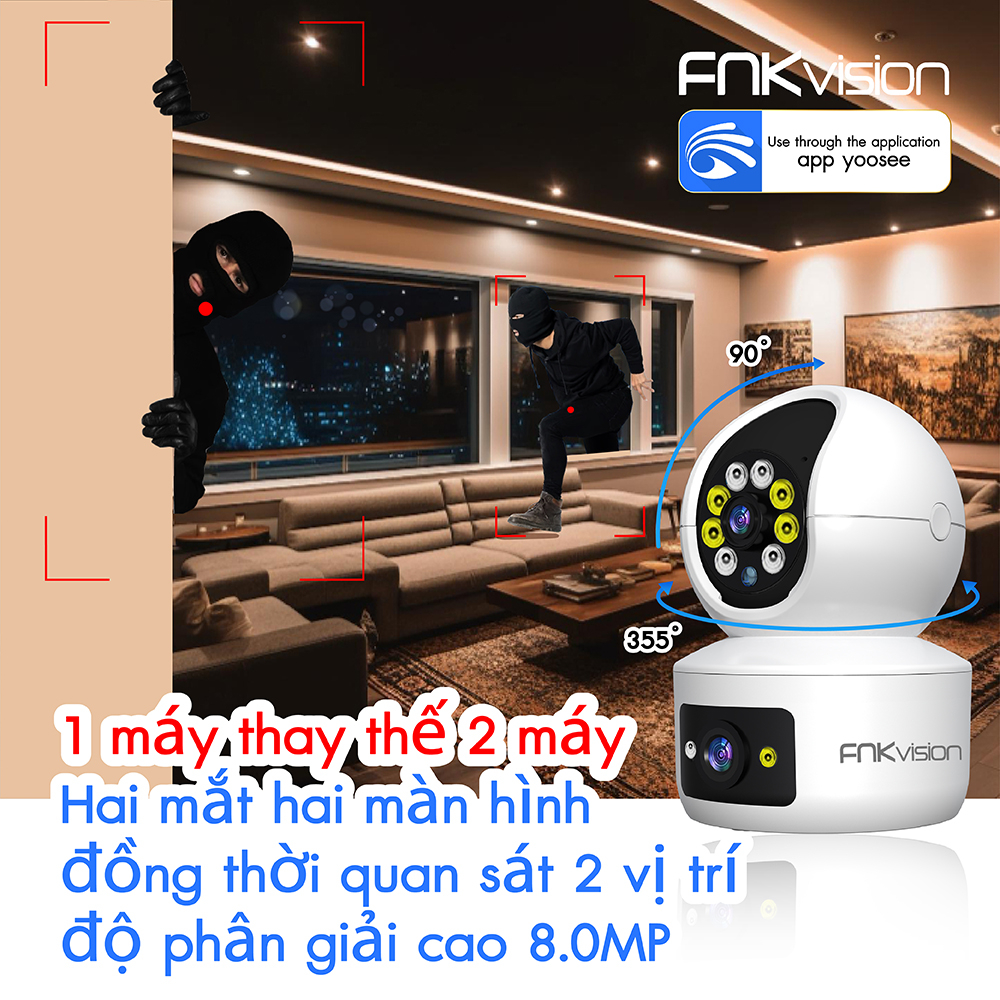 Camera hai mắt FNKvision U19 8.0mp Yoosee, camera wifi 360 độ, xem đêm có màu, bảo hành 12 tháng