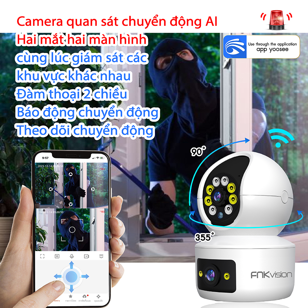 Camera hai mắt FNKvision U19 8.0mp Yoosee, camera wifi 360 độ, xem đêm có màu, bảo hành 12 tháng