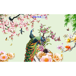 Tranh decal dán tường SAJIA chim công mẫu đơn,ý nghĩa gia đình hòa thuận,hạnh phúc - SA1268