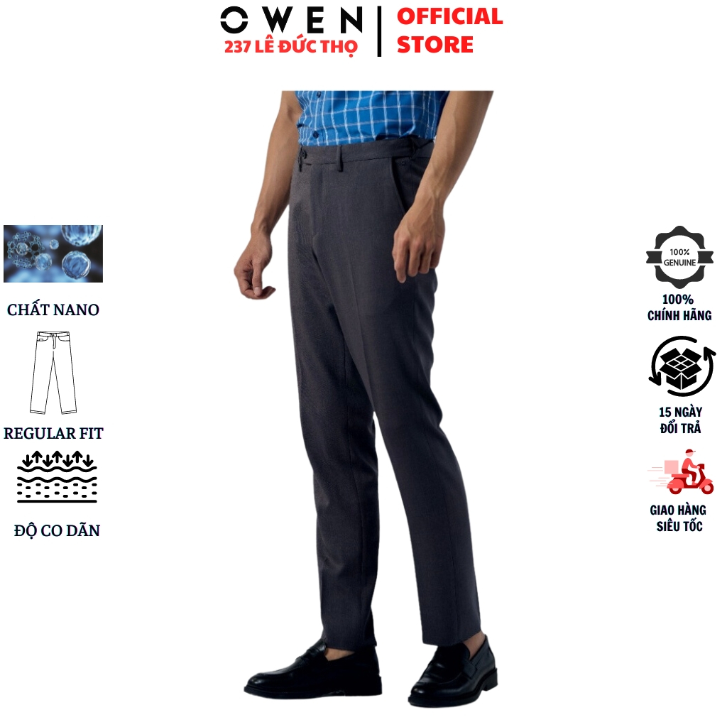 Quần âu nam Owen QRT231252 đồ tây công sở chất liệu nano cao cấp màu ghi đậm form regular fit suông vừa cạp tăng đơ