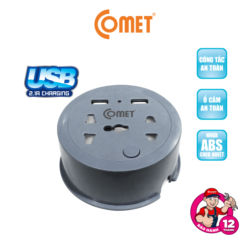 Ổ Cắm Điện Du Lịch COMET CES9111 Dây Quay Tròn Dài 1M, 2 Ổ USB, 1 Ổ 3 Chấu, 1 Ổ 2 Chấu