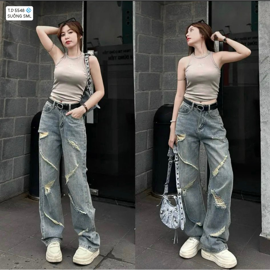 QUẦN JEANS NỮ ỐNG RỘNG LƯNG CAO RÁCH CÀO ĐƯỜNG NÉT TRÊN ỐNG QUẦN MÀU XANH NHẠT PHÁ CÁCH CÁ TÍNH THỜI THƯỢNG