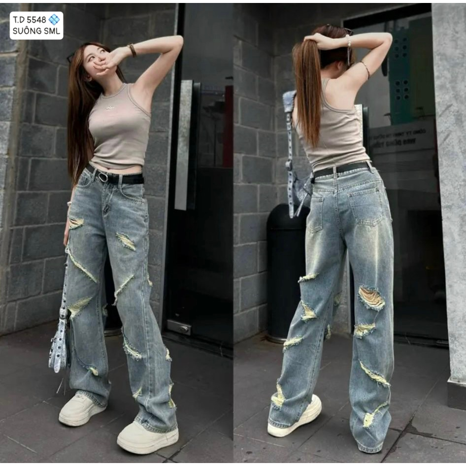 QUẦN JEANS NỮ ỐNG RỘNG LƯNG CAO RÁCH CÀO ĐƯỜNG NÉT TRÊN ỐNG QUẦN MÀU XANH NHẠT PHÁ CÁCH CÁ TÍNH THỜI THƯỢNG