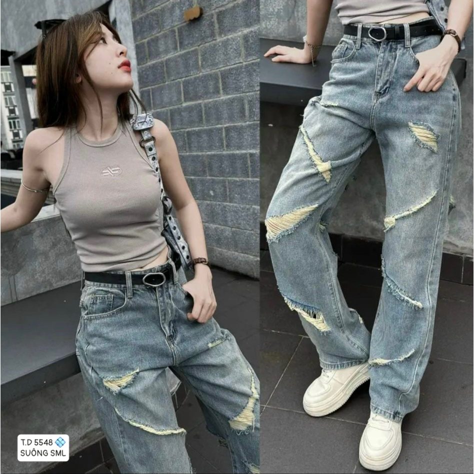 QUẦN JEANS NỮ ỐNG RỘNG LƯNG CAO RÁCH CÀO ĐƯỜNG NÉT TRÊN ỐNG QUẦN MÀU XANH NHẠT PHÁ CÁCH CÁ TÍNH THỜI THƯỢNG