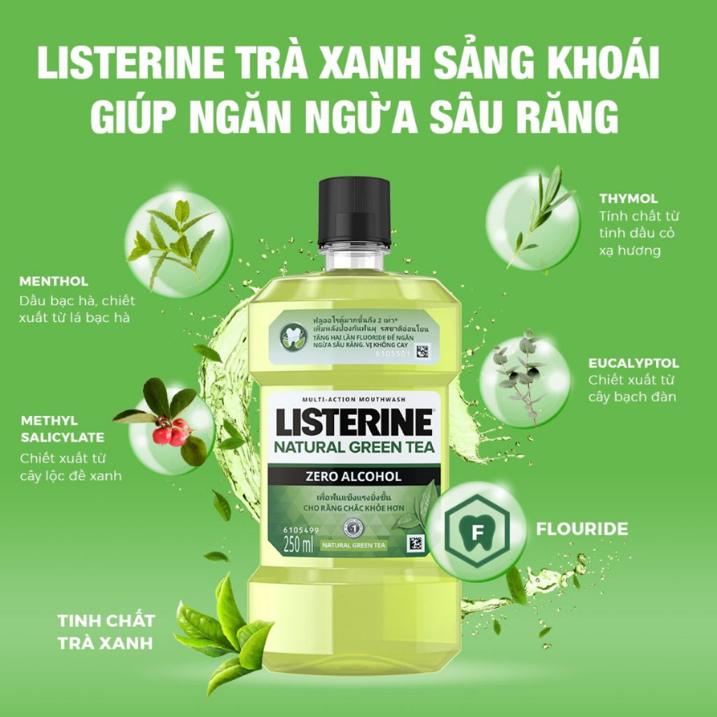Nước súc miệng Listerine Cool Mint & Trà Xanh diệt khuẩn giữ hơi thở thơm mát dài lâu 250ml