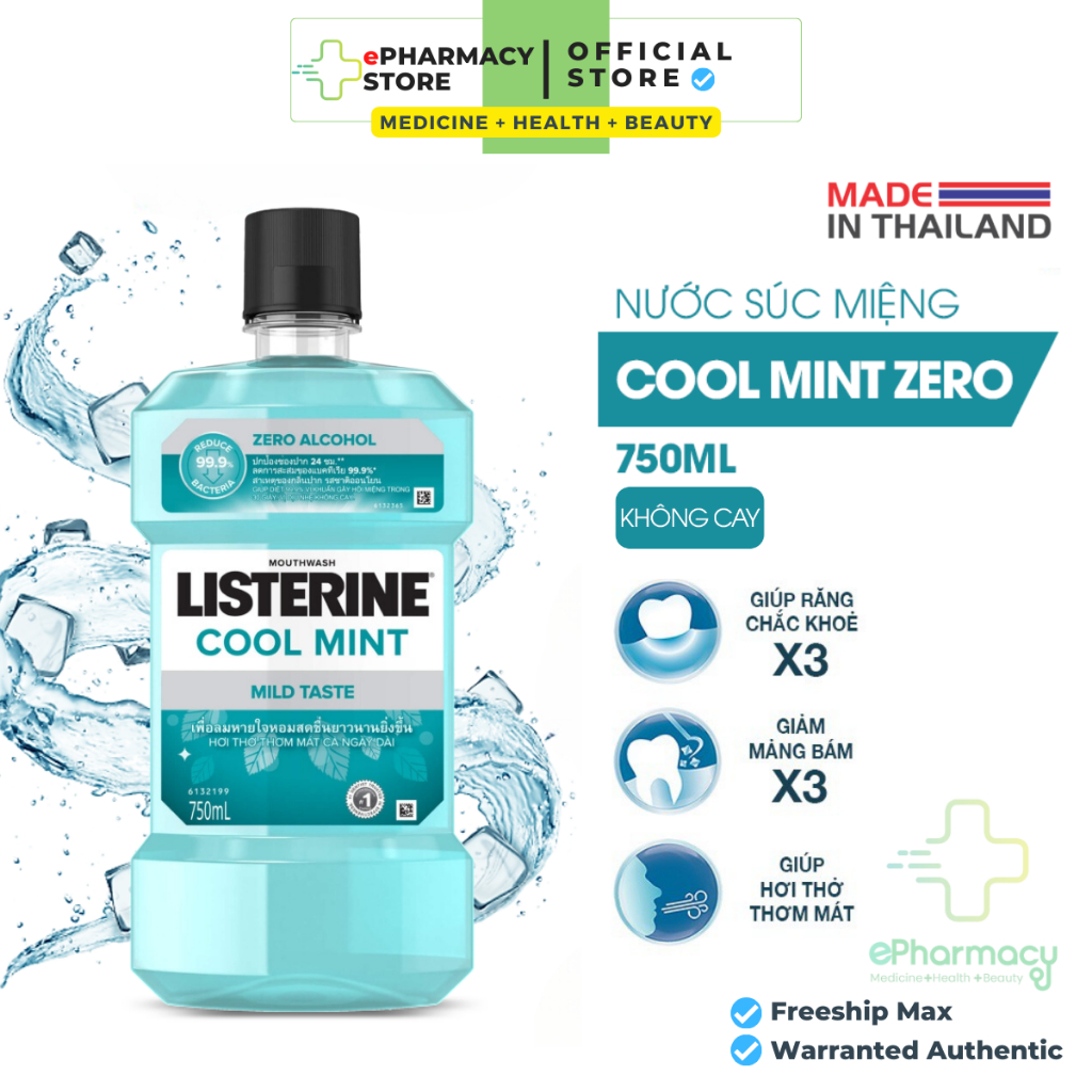 Nước súc miệng Listerine Cool Mint Zero hơi thở thơm mát không cay