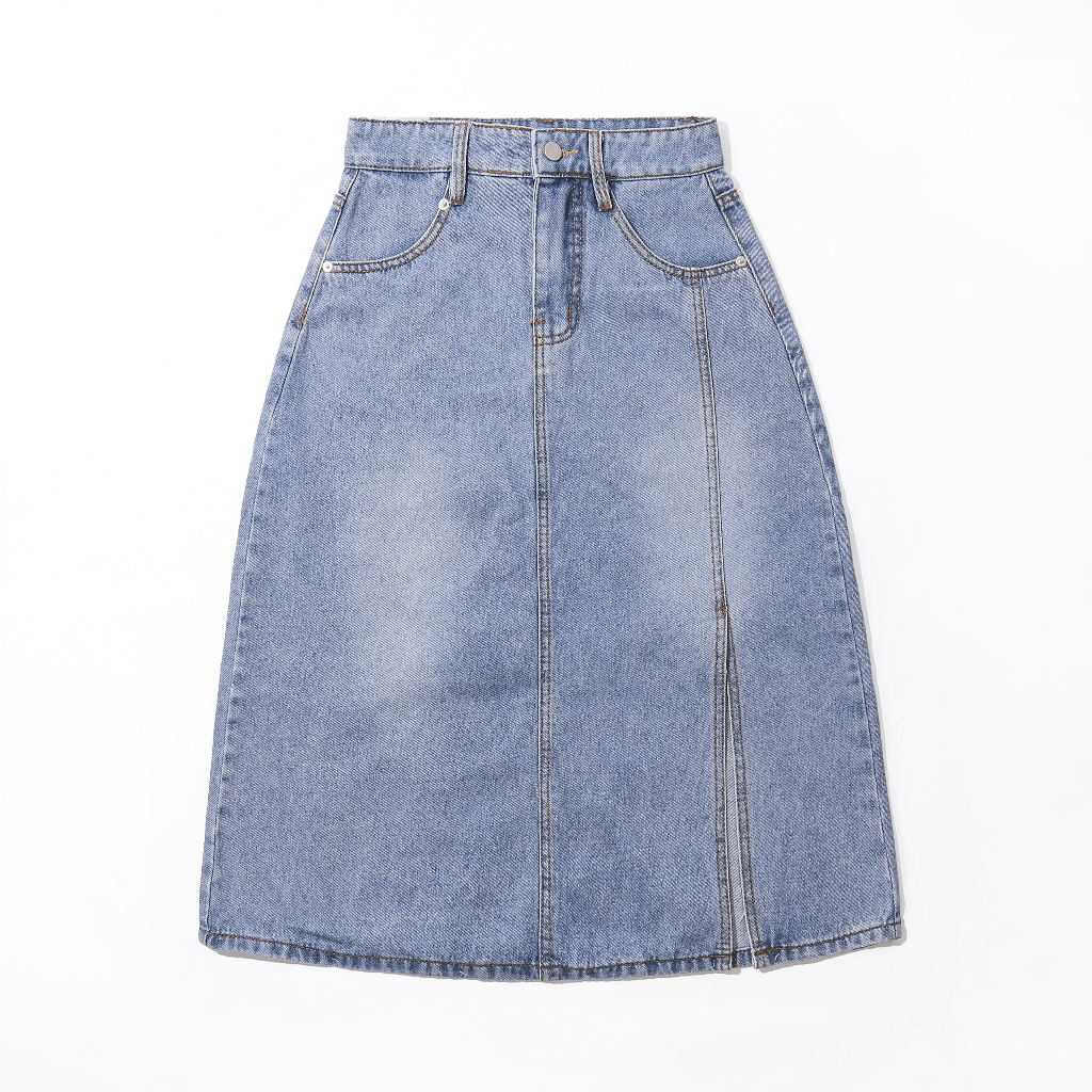 Chân váy jean HuonGu, váy jean nữ dài chữ A xẻ trước