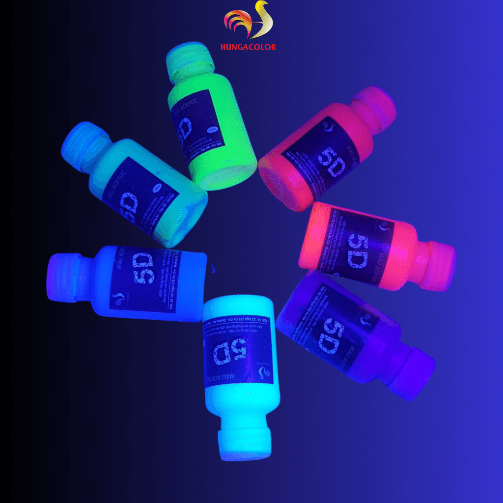 Bộ 8 Màu Phản Quang Hungacolor lọ 30ml màu nước acrylic mềm mịn bóng đẹp hiệu ứng phát sáng trong đêm khi có đèn UV