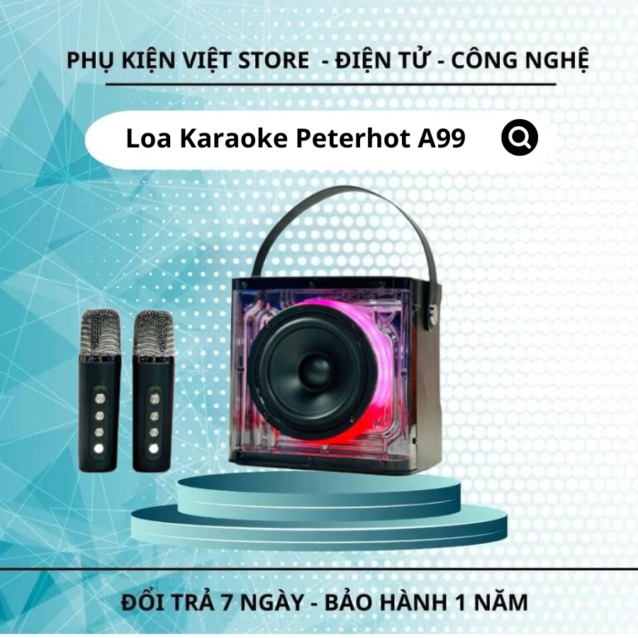 Loa Karaoke Bluetooth Peterhot A99 Âm Thanh Siêu Đỉnh Tặng 2 Micro, Thiết Kế Cực Đẹp, Đèn LED Nháy Theo Nhạc - PKV STORE