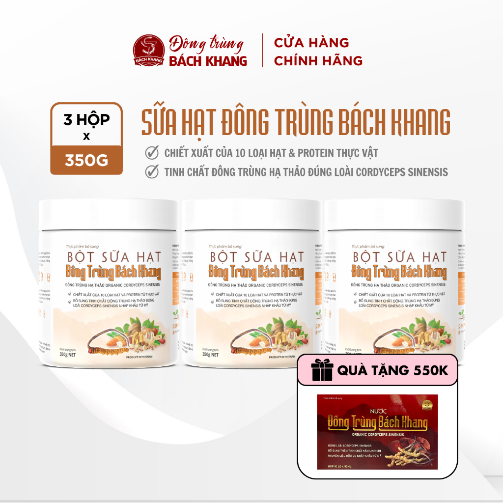 (Quà tặng 550K) COMBO 3 Sữa hạt Đông trùng Bách Khang (Hũ 350g) - Đông trùng Hạ thảo - Protein thực vật - 10 loại hạt