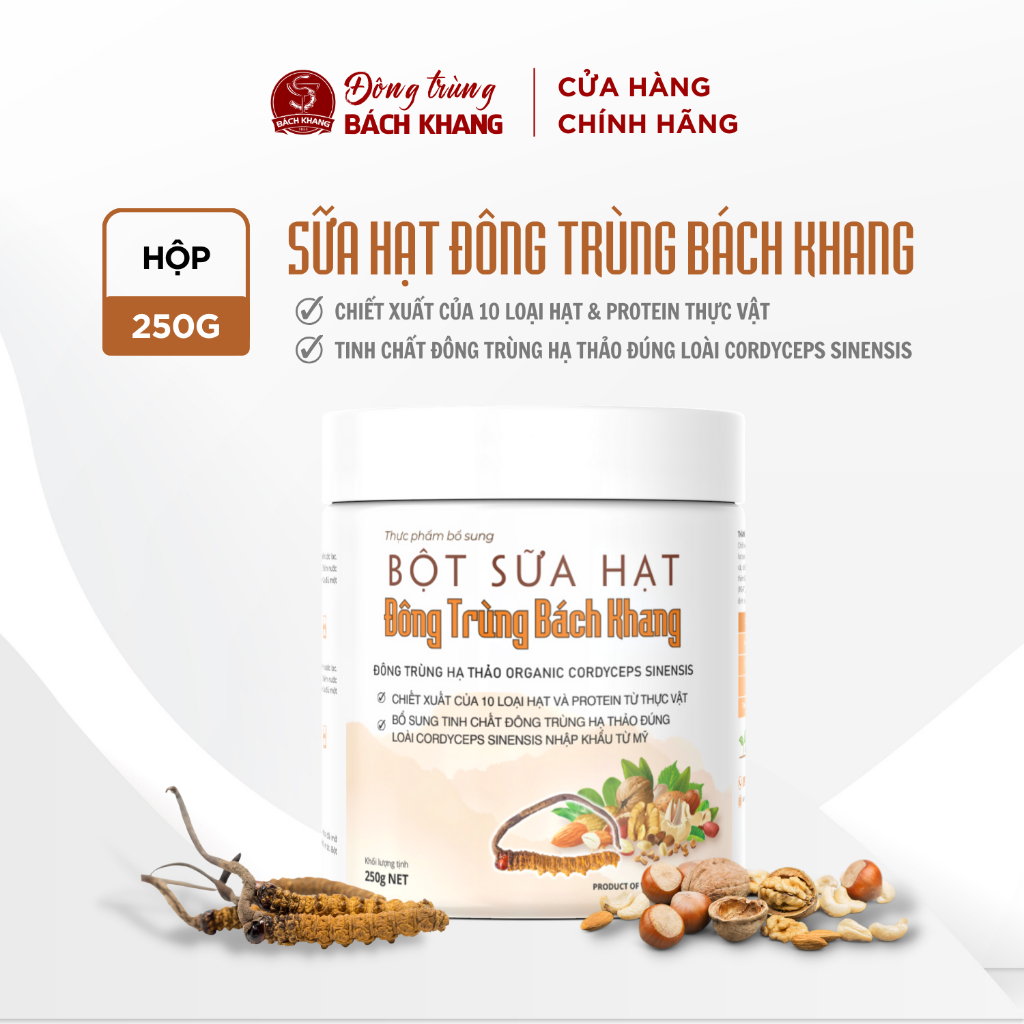 Sữa hạt Đông trùng Bách Khang (Hũ 250g) (Đông trùng Hạ thảo Cordyceps sinensis - Protein thực vật - 10 loại hạt và đậu)