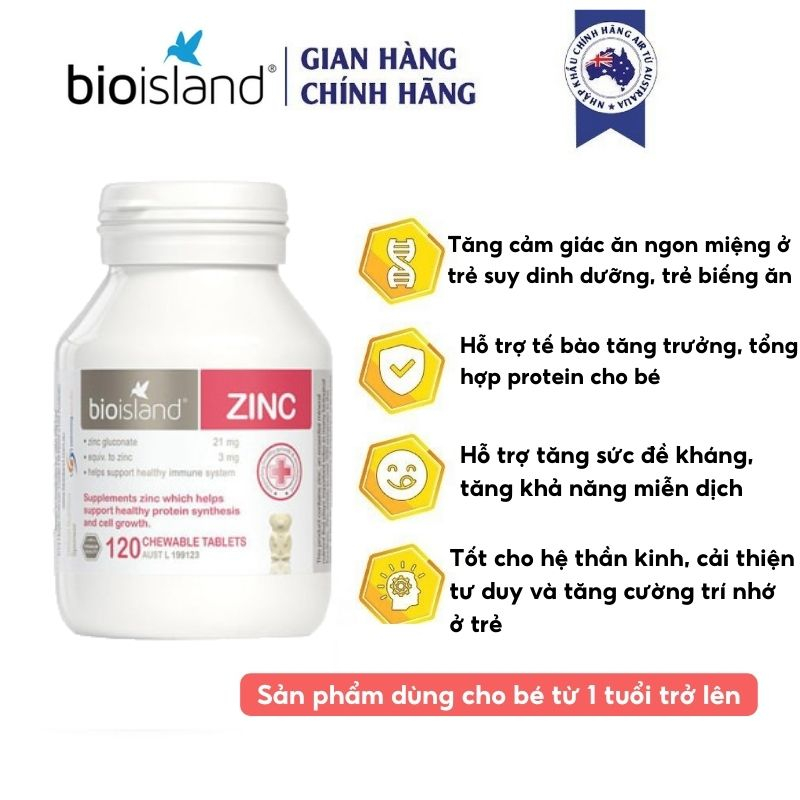 Viên kẽm cho bé Bio island Zinc 120v bổ sung kẽm, kích thích ăn ngon, tăng cường hệ miễn dịch
