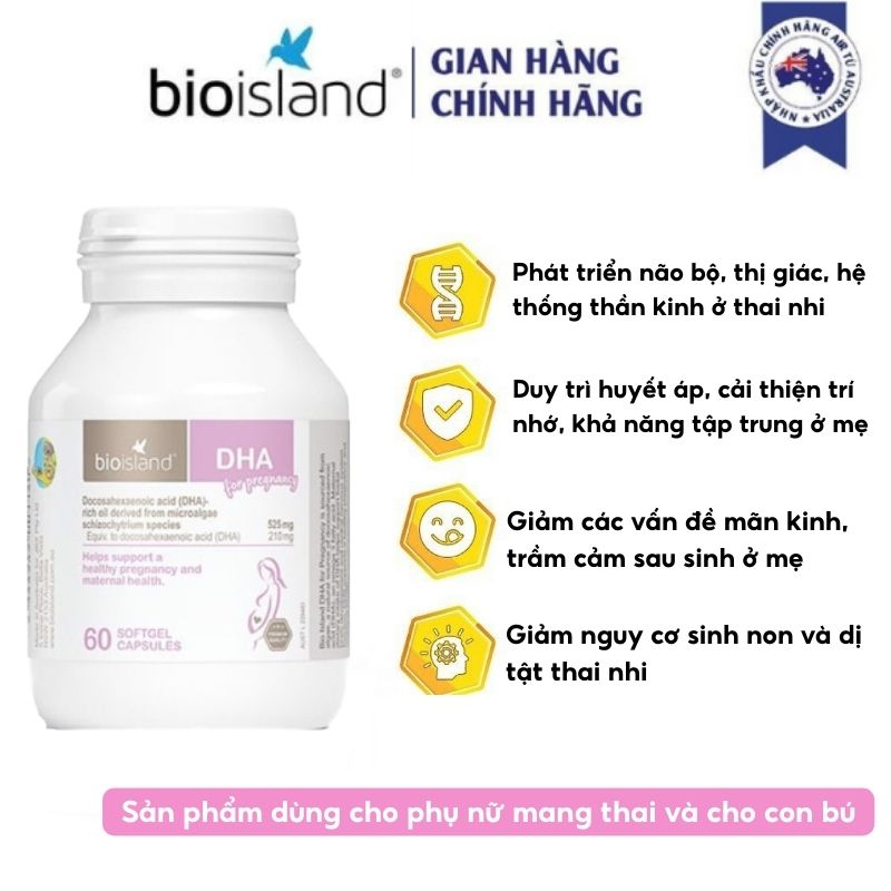 Viên uống bổ sung DHA bầu Bioisland For Pregnancy 60v giúp phát triển toàn diện trí não, sức khỏe thai nhi