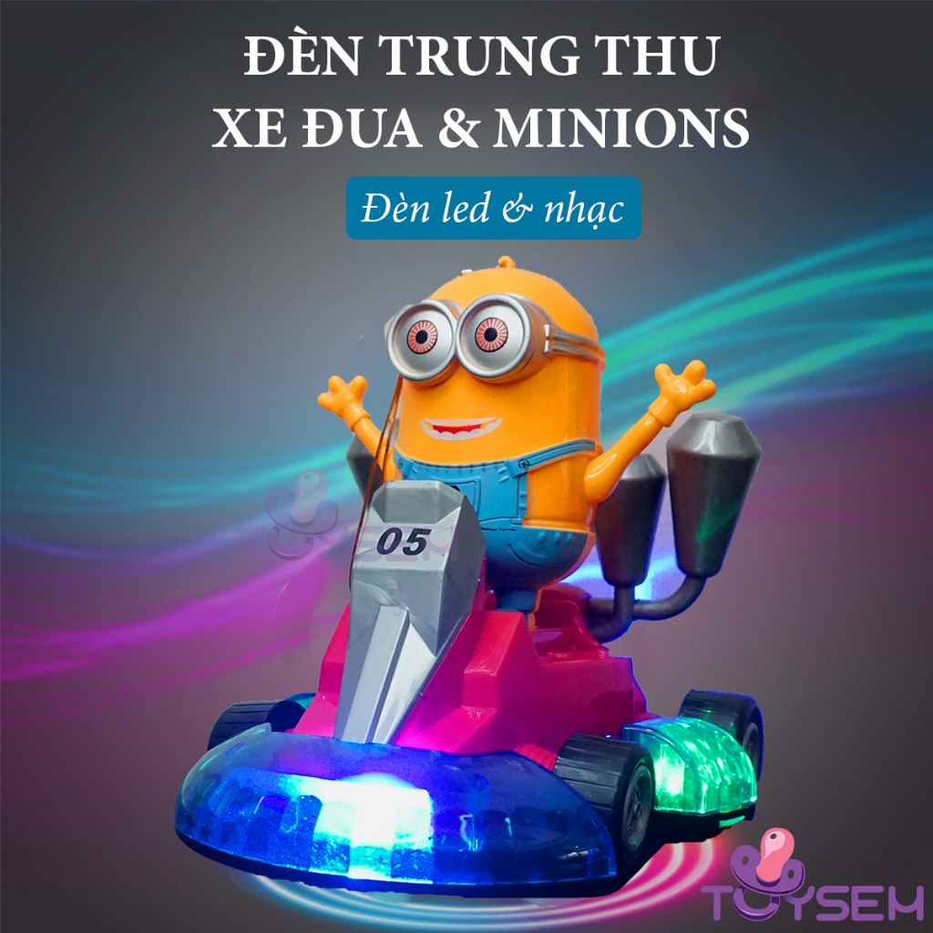 Đồ chơi minions lái xe đua 05 xoay 360 độ có đèn và nhạc - Quà tặng trung thu, sinh nhật cho bé