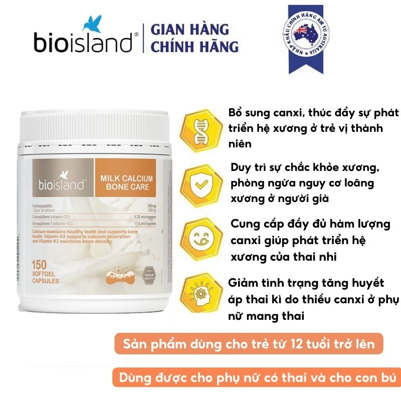 Bio island Milk Canxi Bon Care giúp thúc đẩy phát triển hệ xương 150 viên của Úc