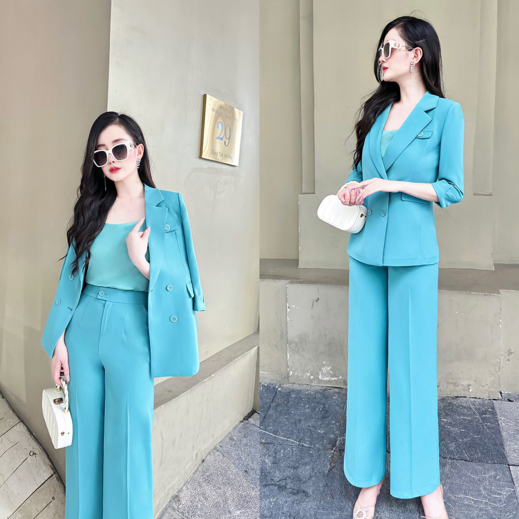 Set vest 3 chi tiết, áo vest tay lỡ dáng dài chiết eo + quần suông cao cấp