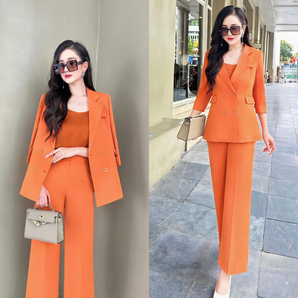 Set vest 3 chi tiết, áo vest tay lỡ dáng dài chiết eo + quần suông cao cấp