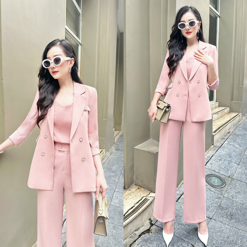 Set vest 3 chi tiết, áo vest tay lỡ dáng dài chiết eo + quần suông cao cấp