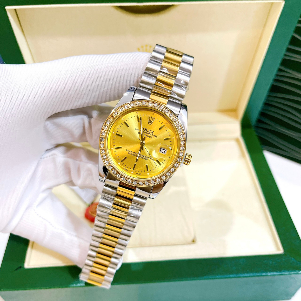 Đồng Hồ Nam Rolex Viền Đính Đá - Size 36mm, Mặt Kính Cường Lực, Máy Pin, Dây Thép, Chống Nước 3ATM Bảo Hành 6 Tháng