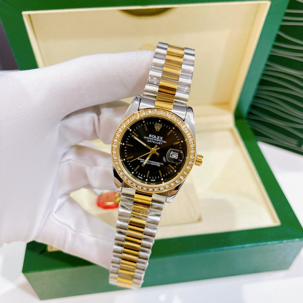 Đồng Hồ Nam Rolex Viền Đính Đá - Size 36mm, Mặt Kính Cường Lực, Máy Pin, Dây Thép, Chống Nước 3ATM Bảo Hành 6 Tháng