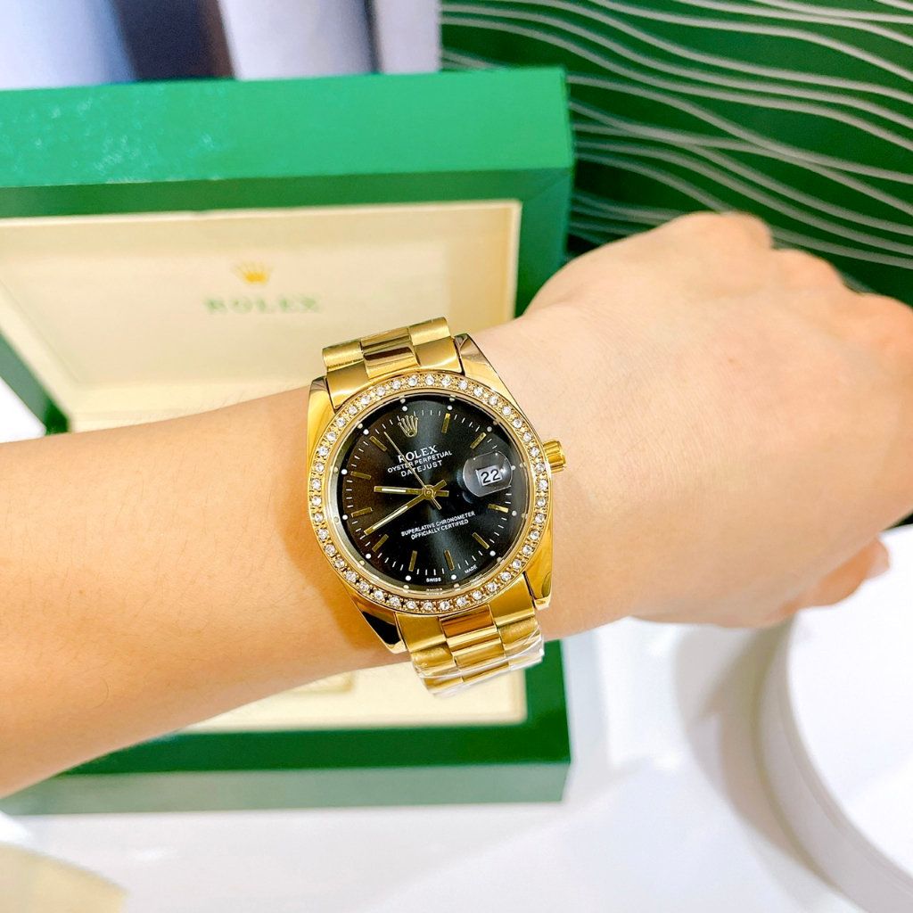 Đồng Hồ Nam Rolex Viền Đính Đá - Size 36mm, Mặt Kính Cường Lực, Máy Pin, Dây Thép, Chống Nước 3ATM Bảo Hành 6 Tháng