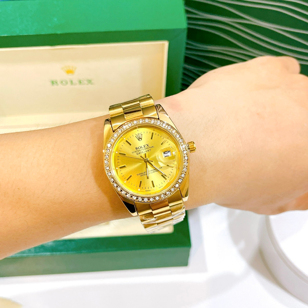 Đồng Hồ Nam Rolex Viền Đính Đá - Size 36mm, Mặt Kính Cường Lực, Máy Pin, Dây Thép, Chống Nước 3ATM Bảo Hành 6 Tháng