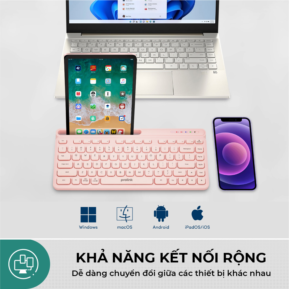 Bàn phím không dây Bluetooth + Wireless PROLiNK GK5001M, nhỏ gọn, kết nối đa thiết bị Windows/Android/MacOS/iOS